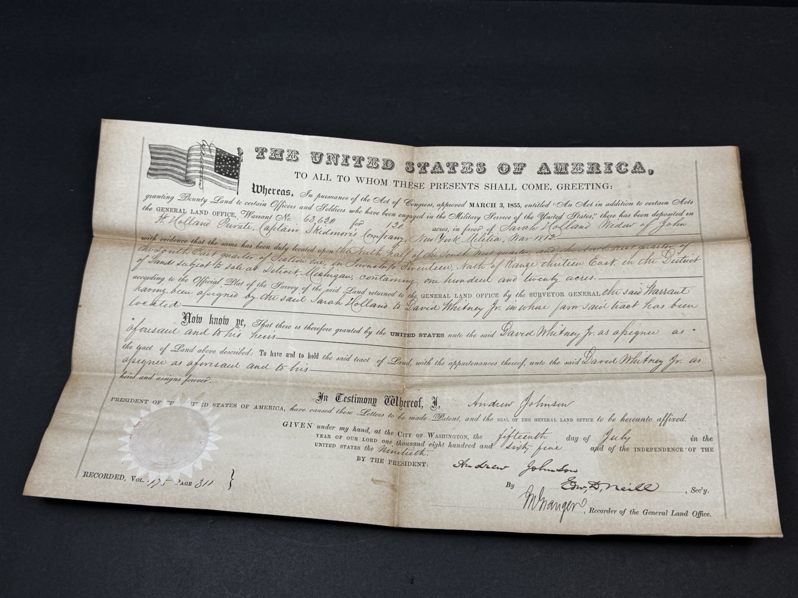 Original 1865 Andrew Johnson Civil War Land Grant 120 Detroit MI David Whitney
