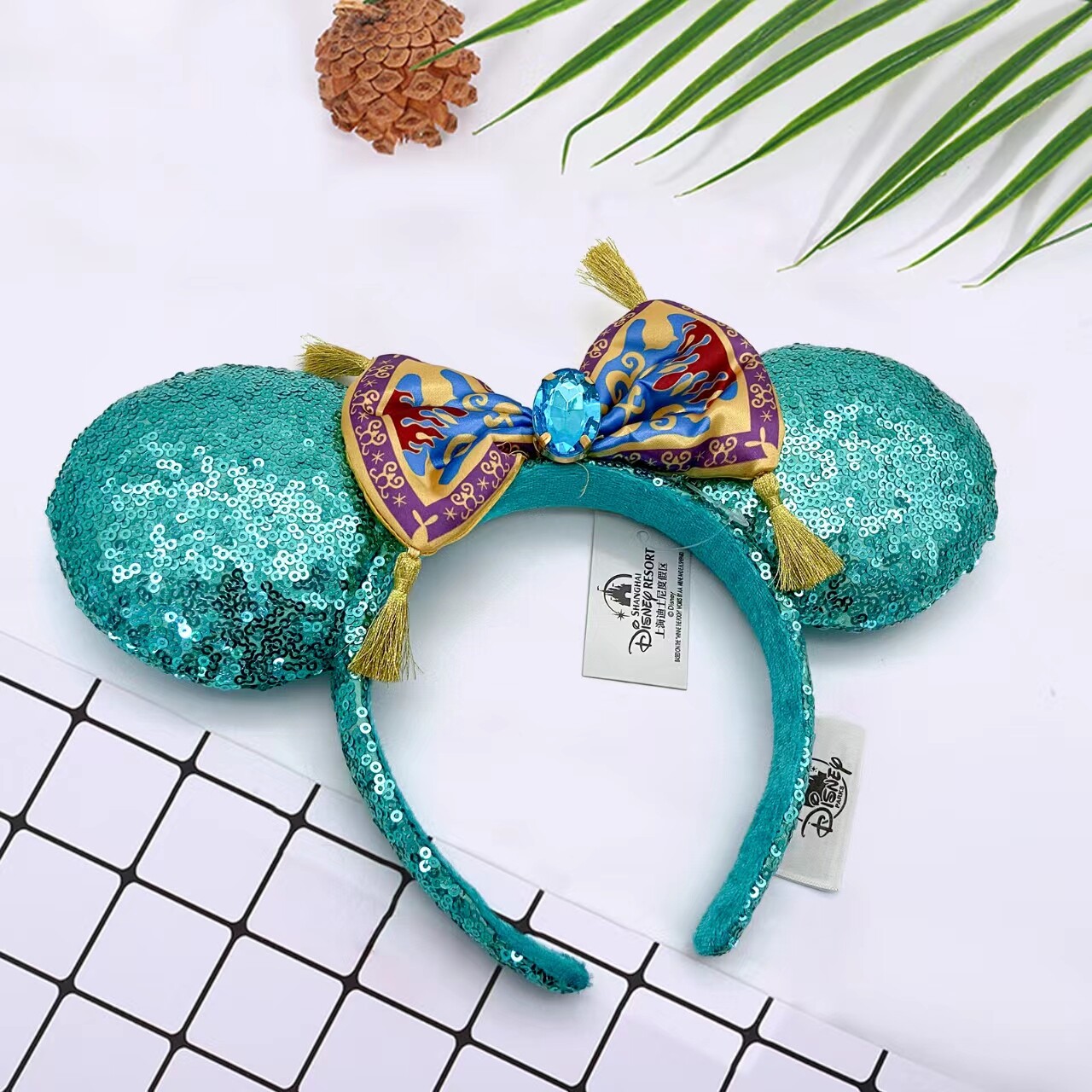 Disney-Aladdin Jasmine Magic Carpet Bow Sequin Palace Green Minnie Ears Headband