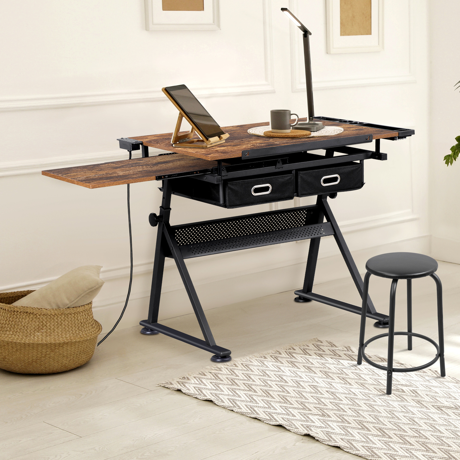 Drafting Drawing Table Adjustable Art Craft Desk with Power Outlet & Stool Retro