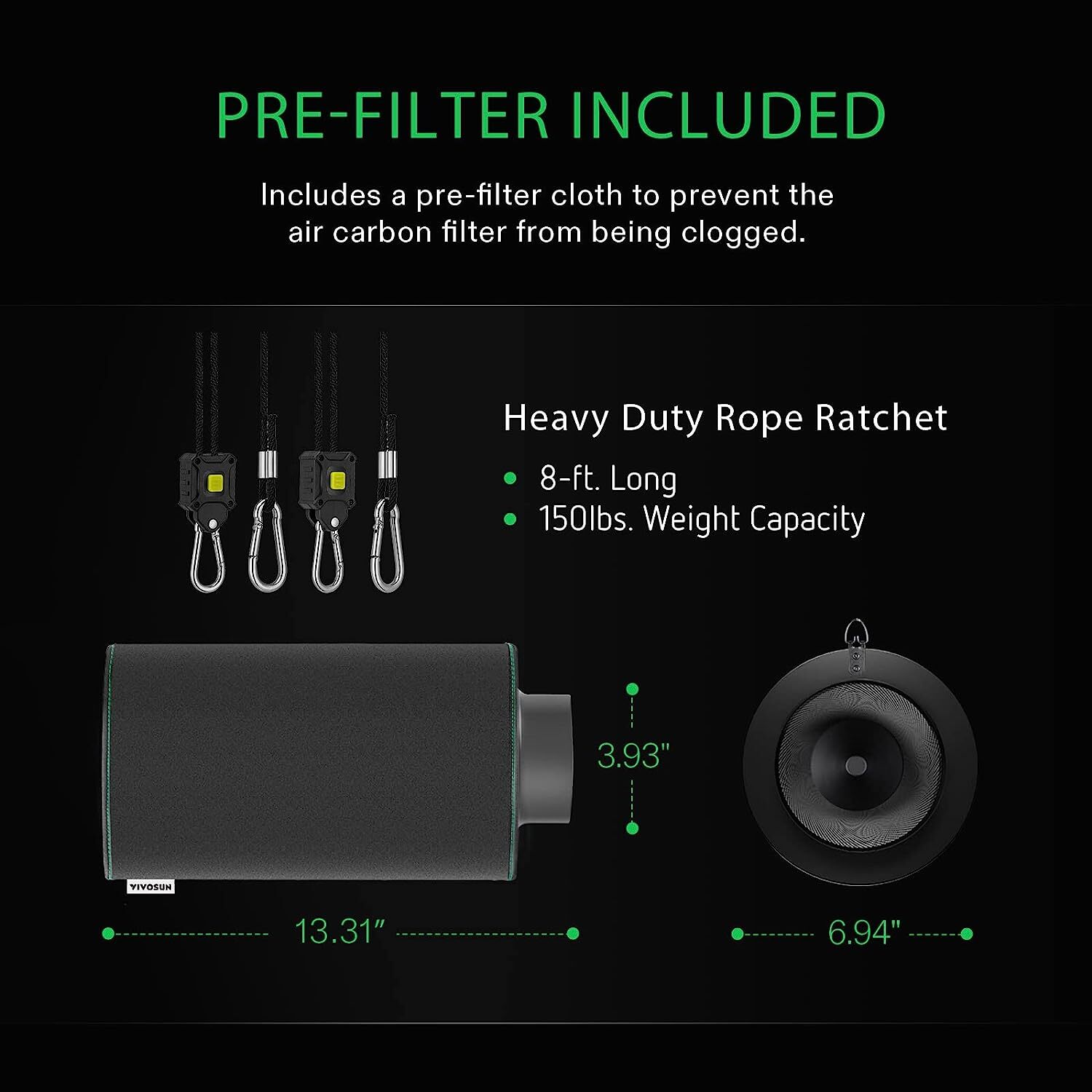 VIVOSUN 4" 6" 8"Inch Black Air Carbon Filter Virgin Charcoal for Inline Fan