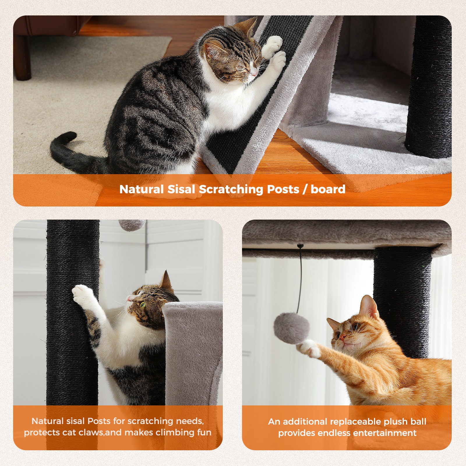 PAWZ Road Heavy Duty Cat Tree for Large Cats with 4.3" Thick Scratching Post Toy