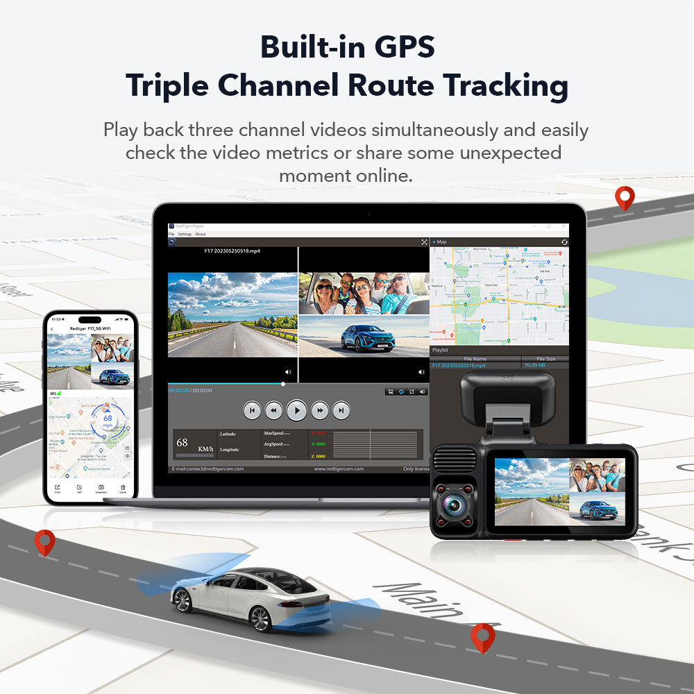 REDTIGER 4K F17N 3 Channel Dash Cam 5G WiFi Front Rear Inside Free 64GB SD Card