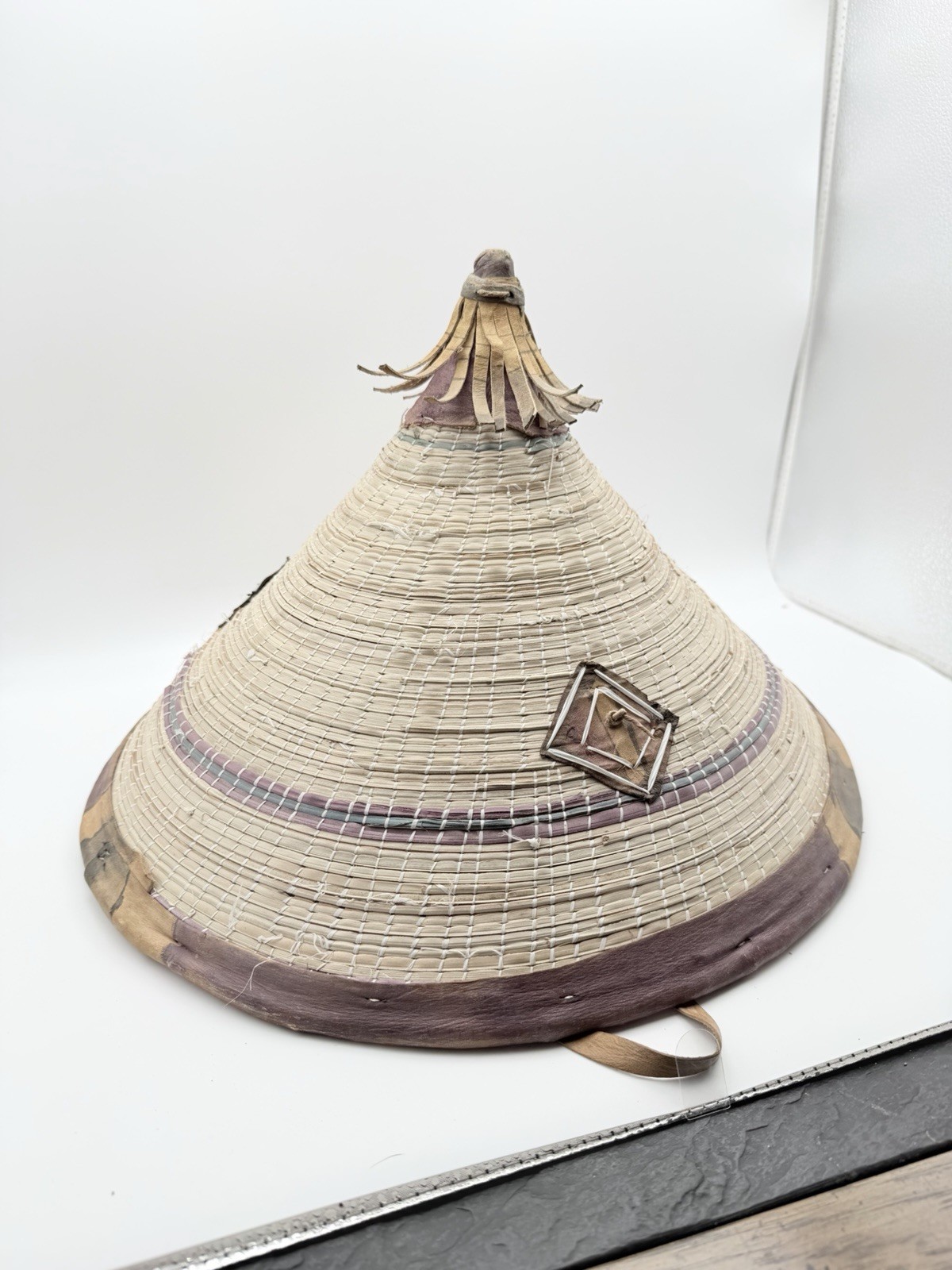African Fulani Worn Straw Woven Sun Conical Hat Vintage Straw & Leather