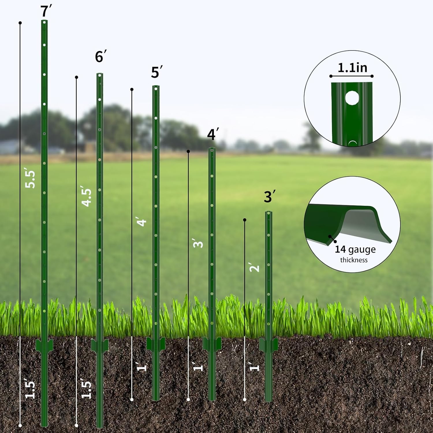 4-5-6-7 Feet Pack of 10 Heavy Duty Garden Metal Steel Fence Posts with U-Channel