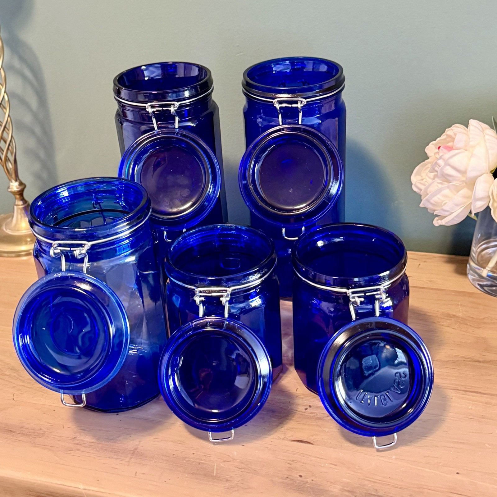 Vintage Cobalt Blue Glass Canister Set 5 Wire Bale Jars Italian Glass