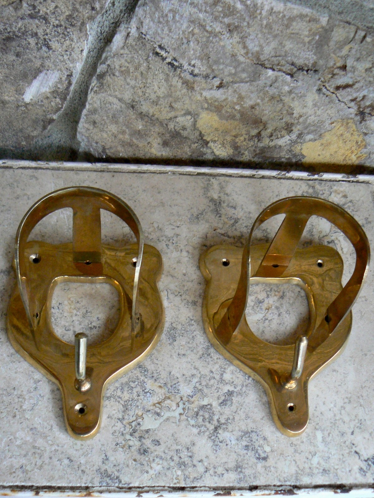 Two Pairs Vintage Brass Equestrian Tack Room Hooks for Bridle Halter Reins Leads
