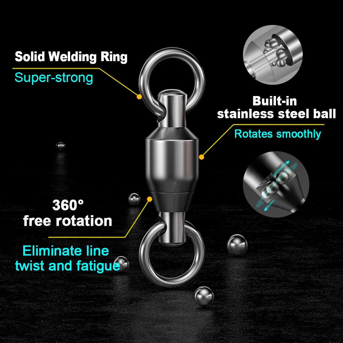 Black Fishing Ball Bearing Swivel Solid Rings Stainless 0/1/2/3/4/5/6/7/8/9/10#
