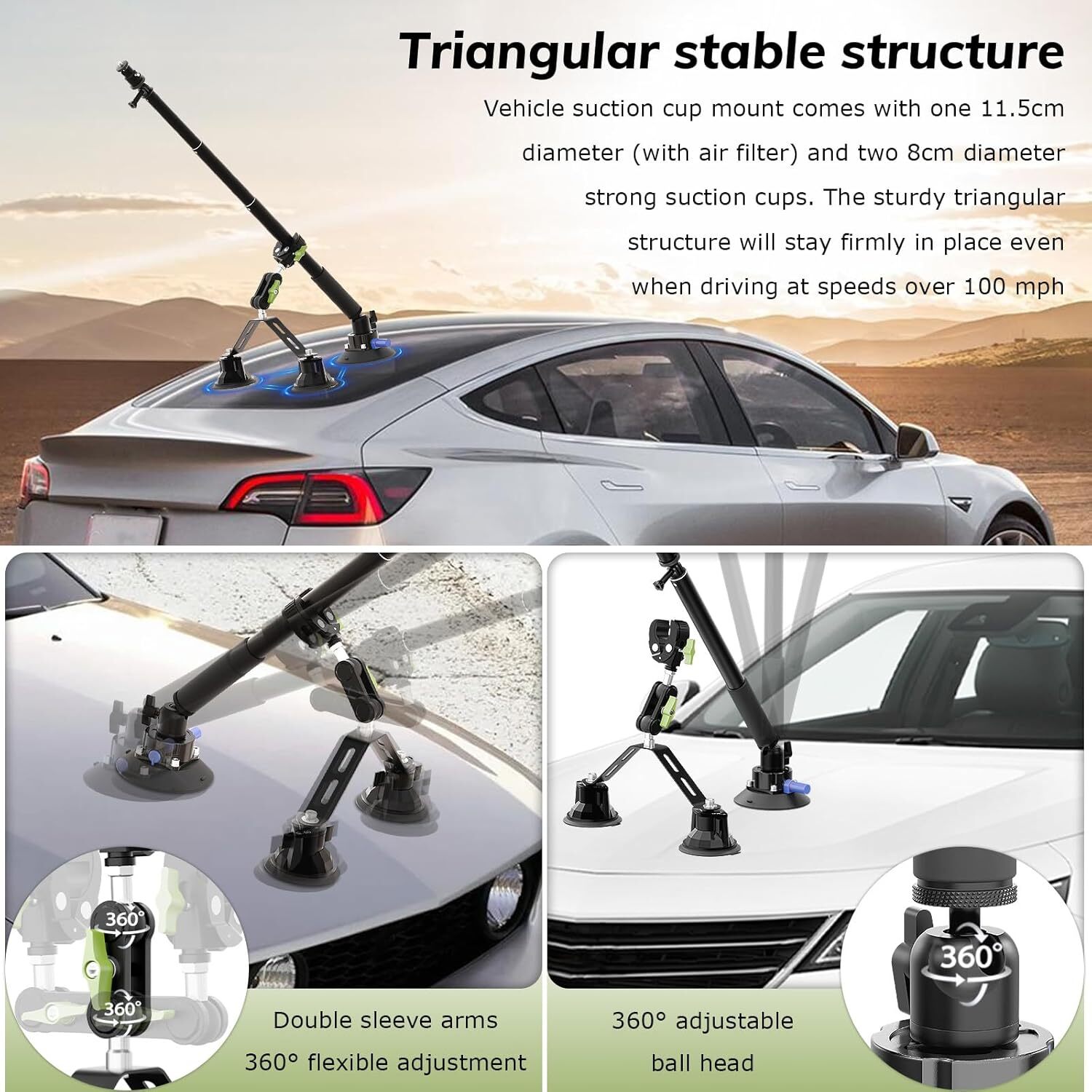 Triple Suction Cup 360 Camera Car Mount,with 2in1 Extension Pole/Selfie Stick