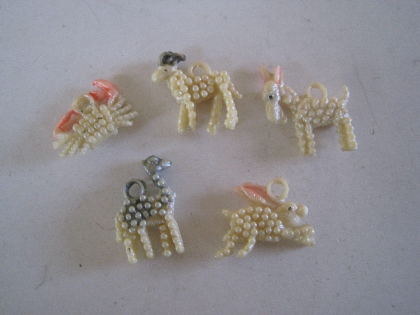 Cracker Jack Prizes Vintage Celluloid Bead Crab Lllama Bunny Donkey Goat Set 5
