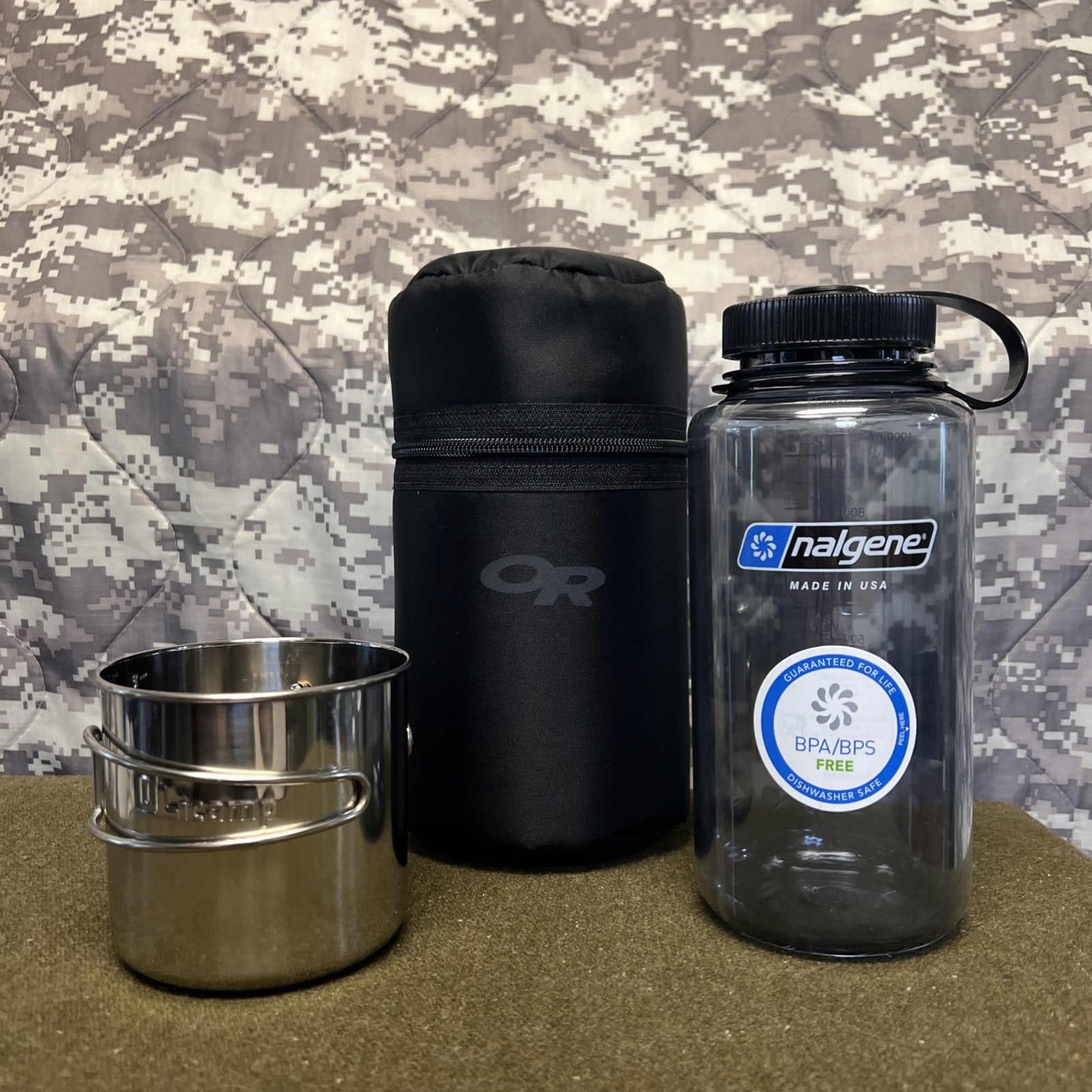 Outdoor Research 1L Nalgene Water Bottle, Insulated Cover, Stainless Cup D-21