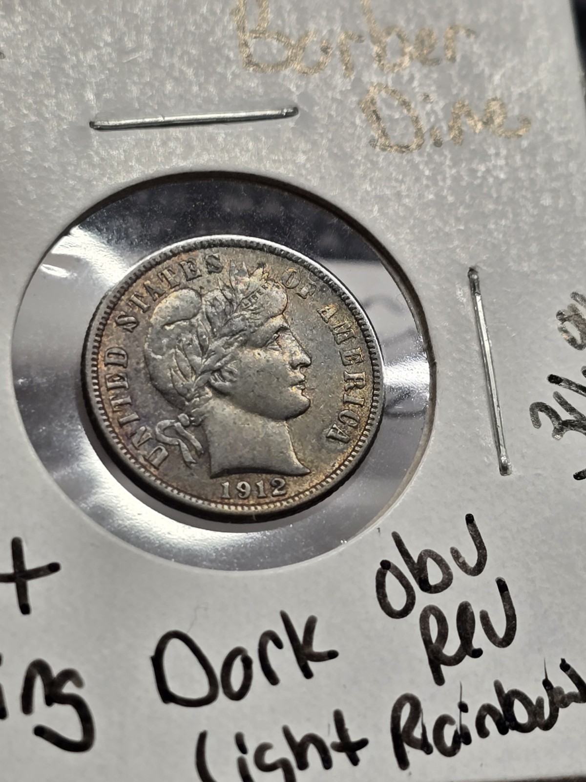 1912 Barber Dime. Dark Full Toning Nice Old Silver Coin