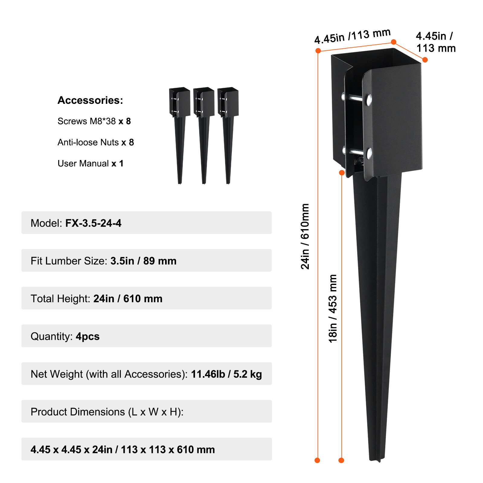 VEVOR Fence Post Anchor Ground Spike 4 Pack 24 x 4 x 4 In Metal Fence Stakes