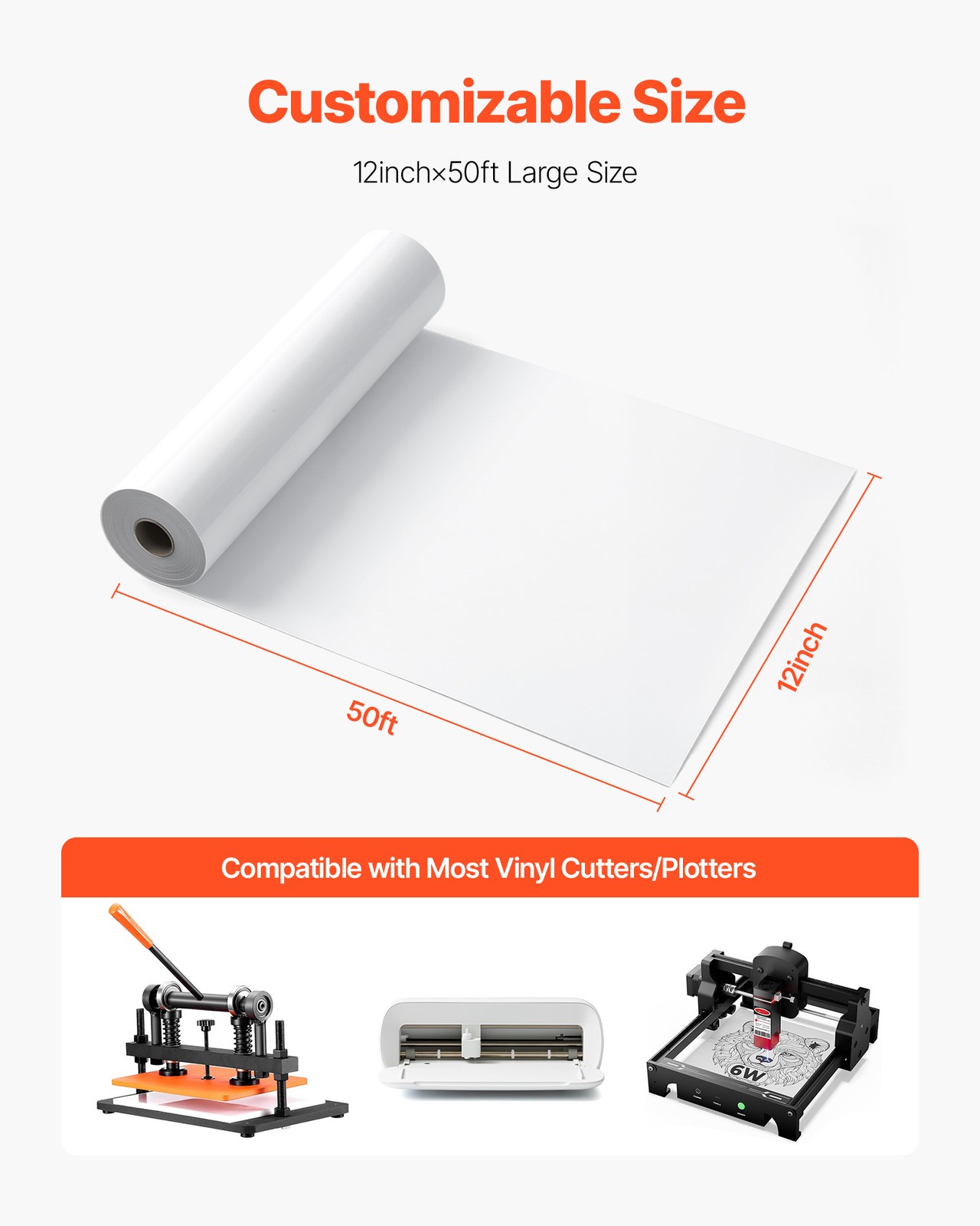 VEVOR Heat Transfer Vinyl HTV Iron on Vinyl Roll 12 in x 50 ft Glossy White