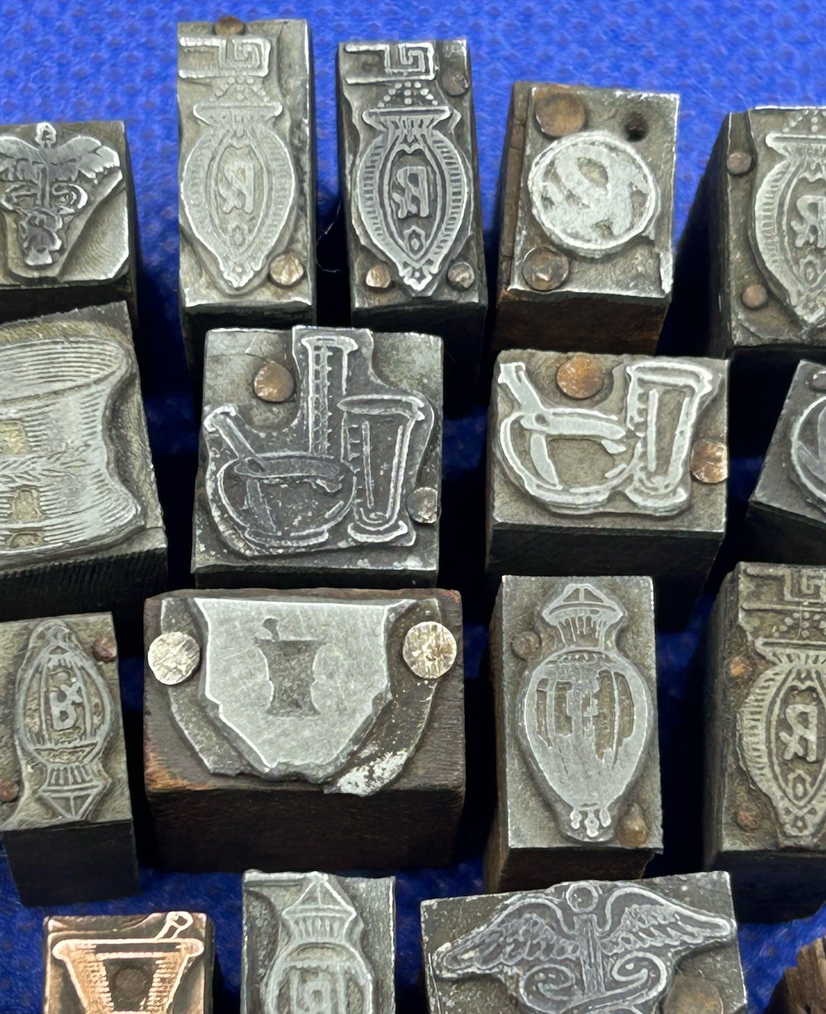 Antique Figural Pharmacy Stamping Dies Pharmacist Log Stamps - LOT OF 30