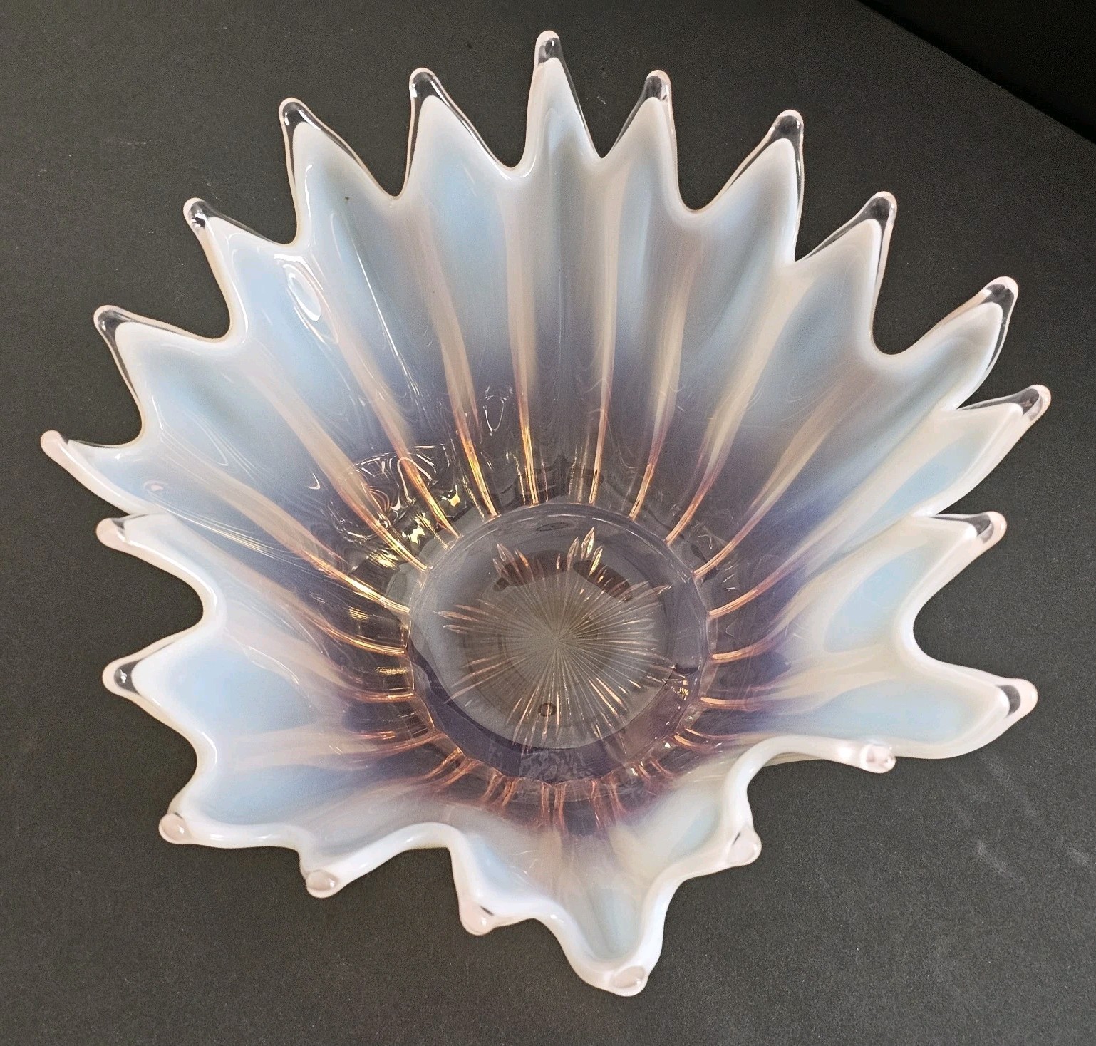 Beautiful Free Form Fostoria Heirloom Pink/Peach and White Opalescent Bowl