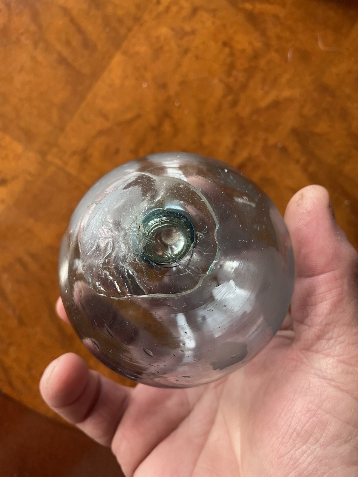 Antique Glass Fish Net Float With Rope Marks Teal Blue Color Wide Pontil