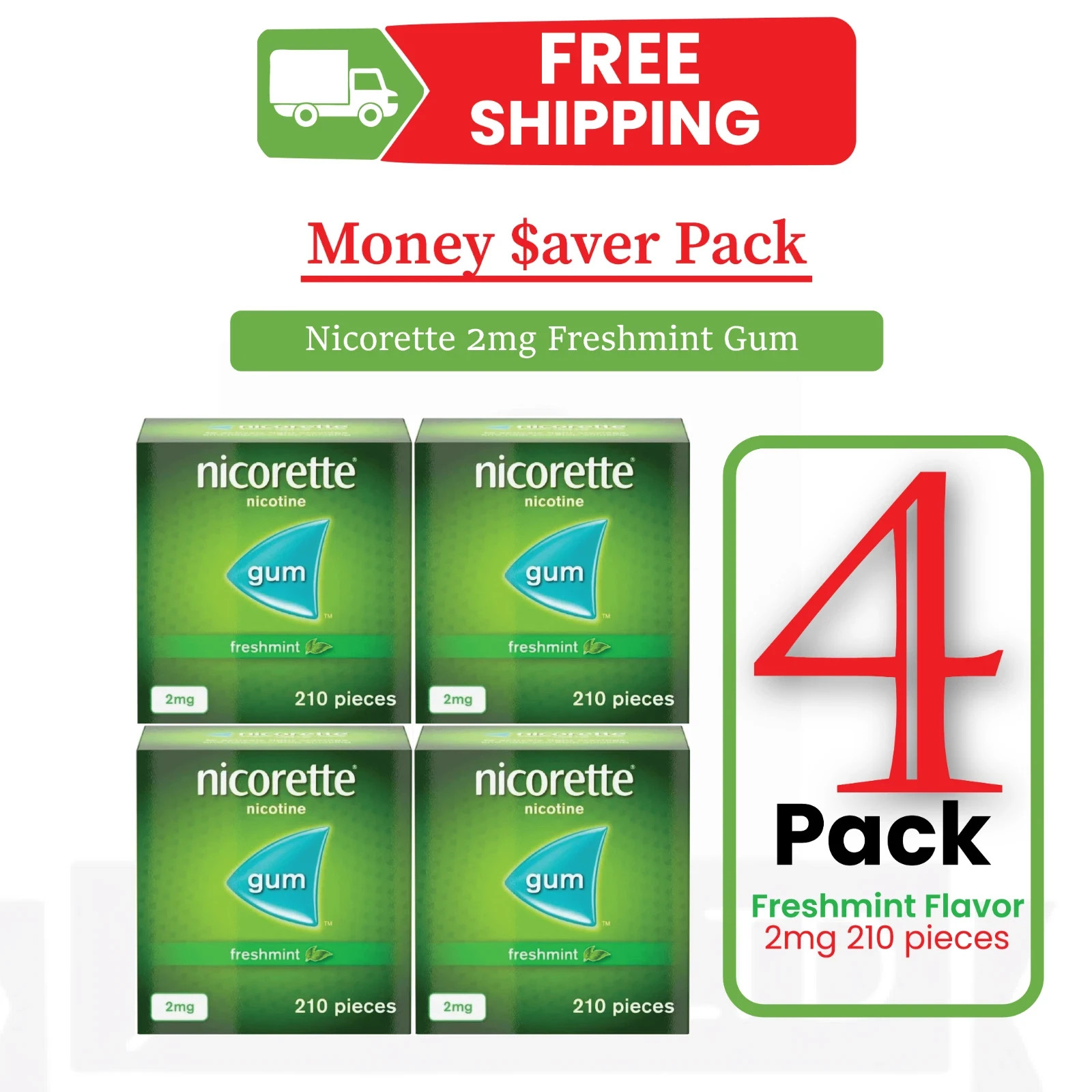 4 x Nicorette Fresh mint Gum 2Mg 210 Pieces PACK OF 4