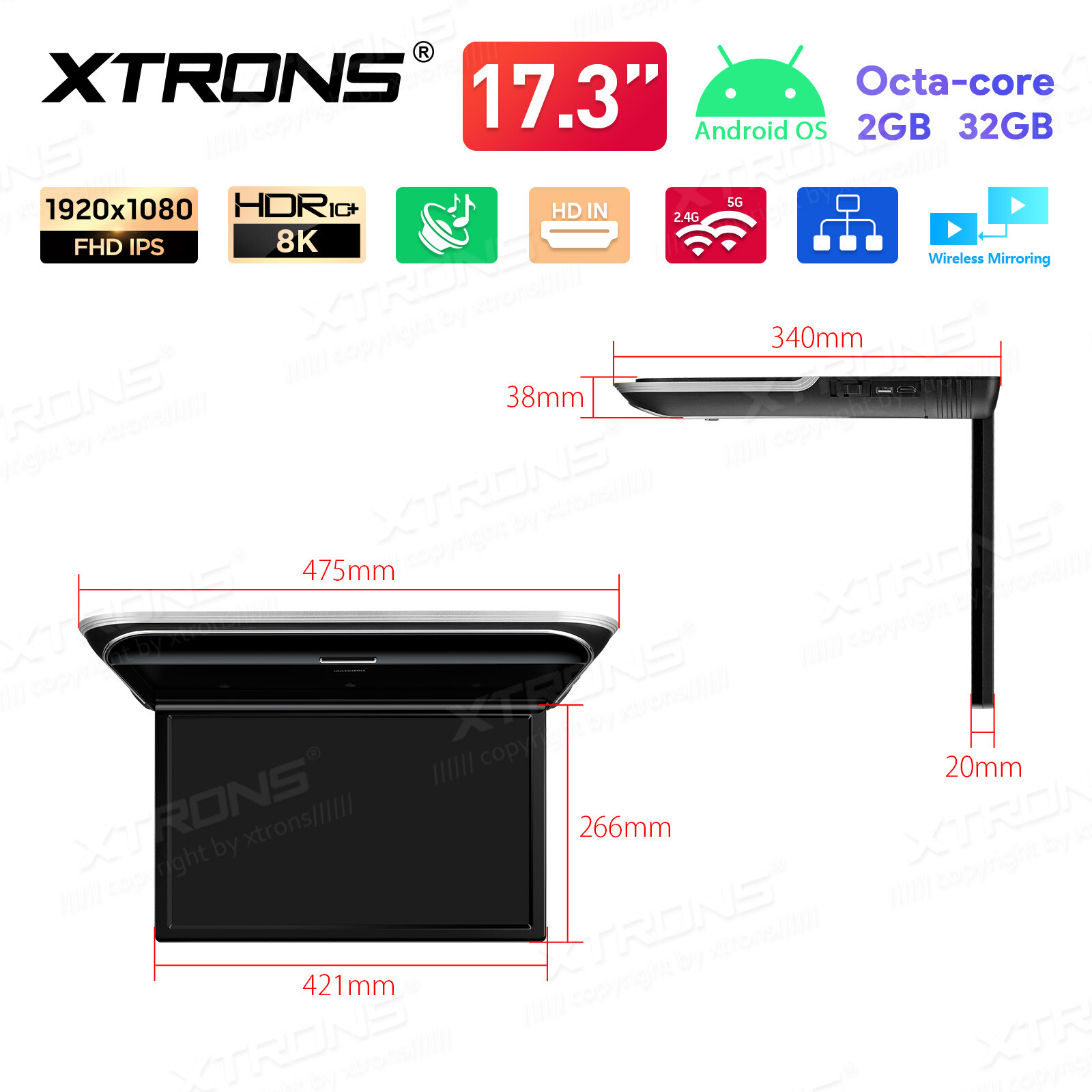 17.3" Car Roof TV Video Flip Down Overhead Monitor IPS Screen WiFi HDMI 1080P