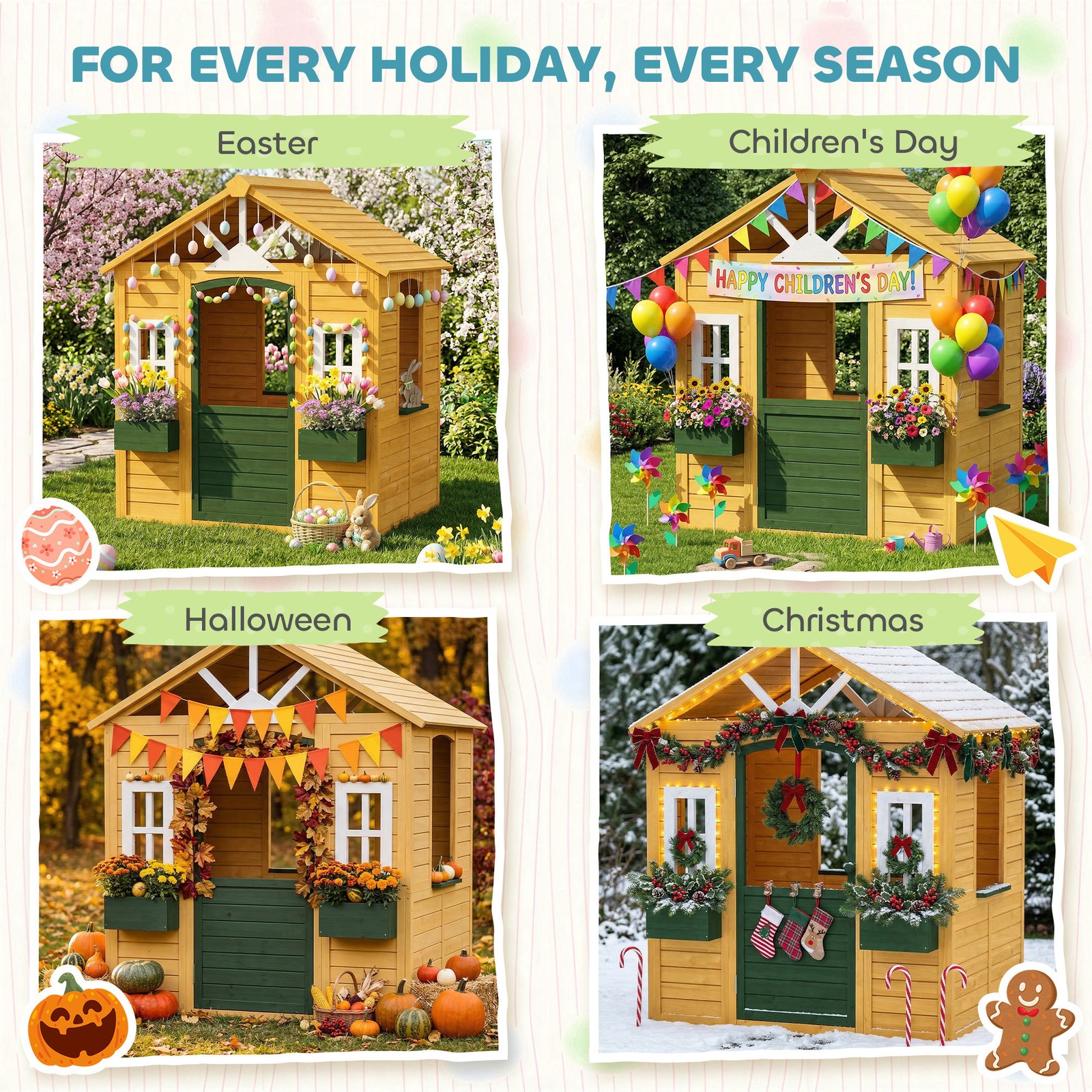 Qaba Outdoor Playhouse, Wooden Kids Playhouse with Door, 2 Flower Boxes