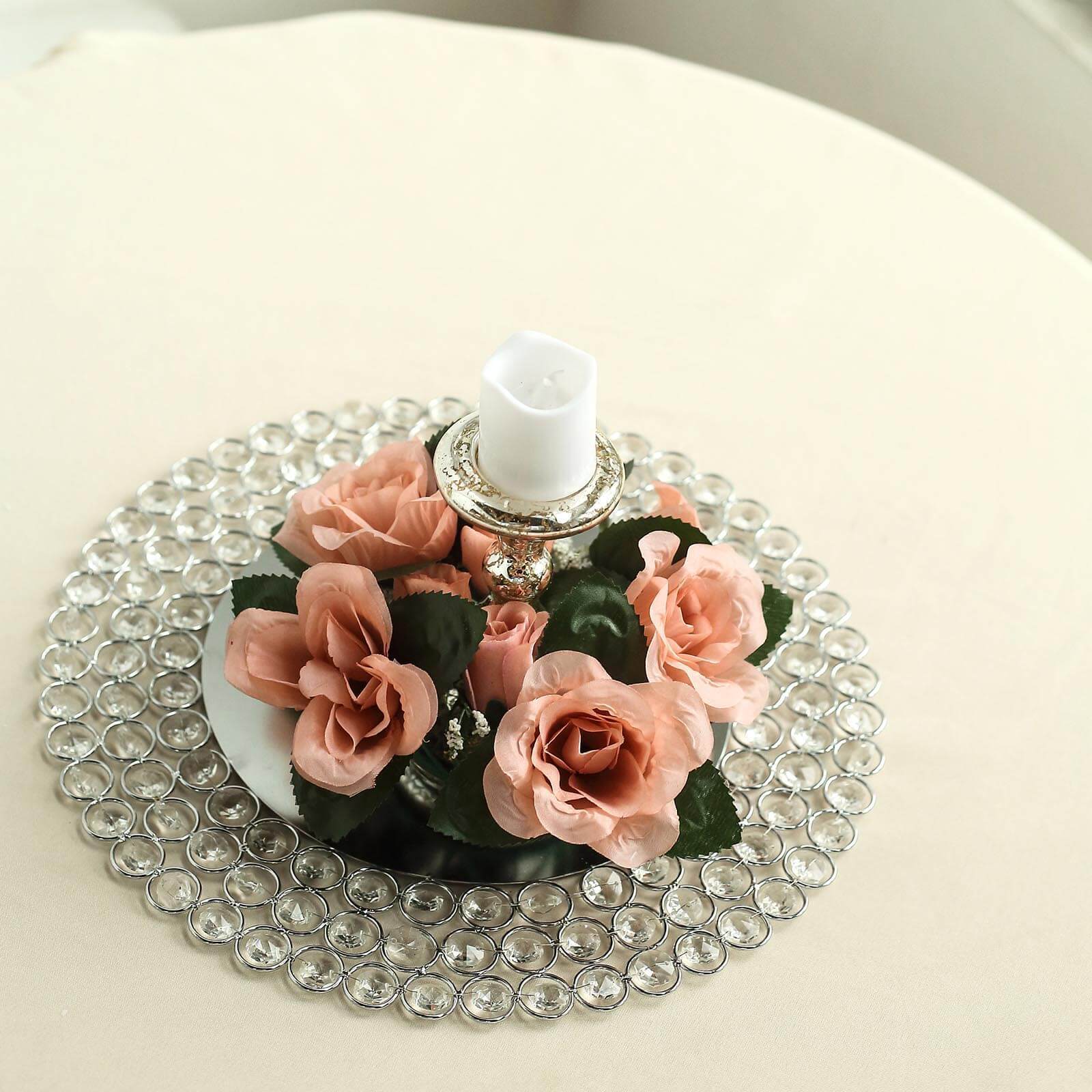 4 Dusty Rose CANDLE RINGS with SILK ROSES Wedding Flowers for Centerpieces SALE