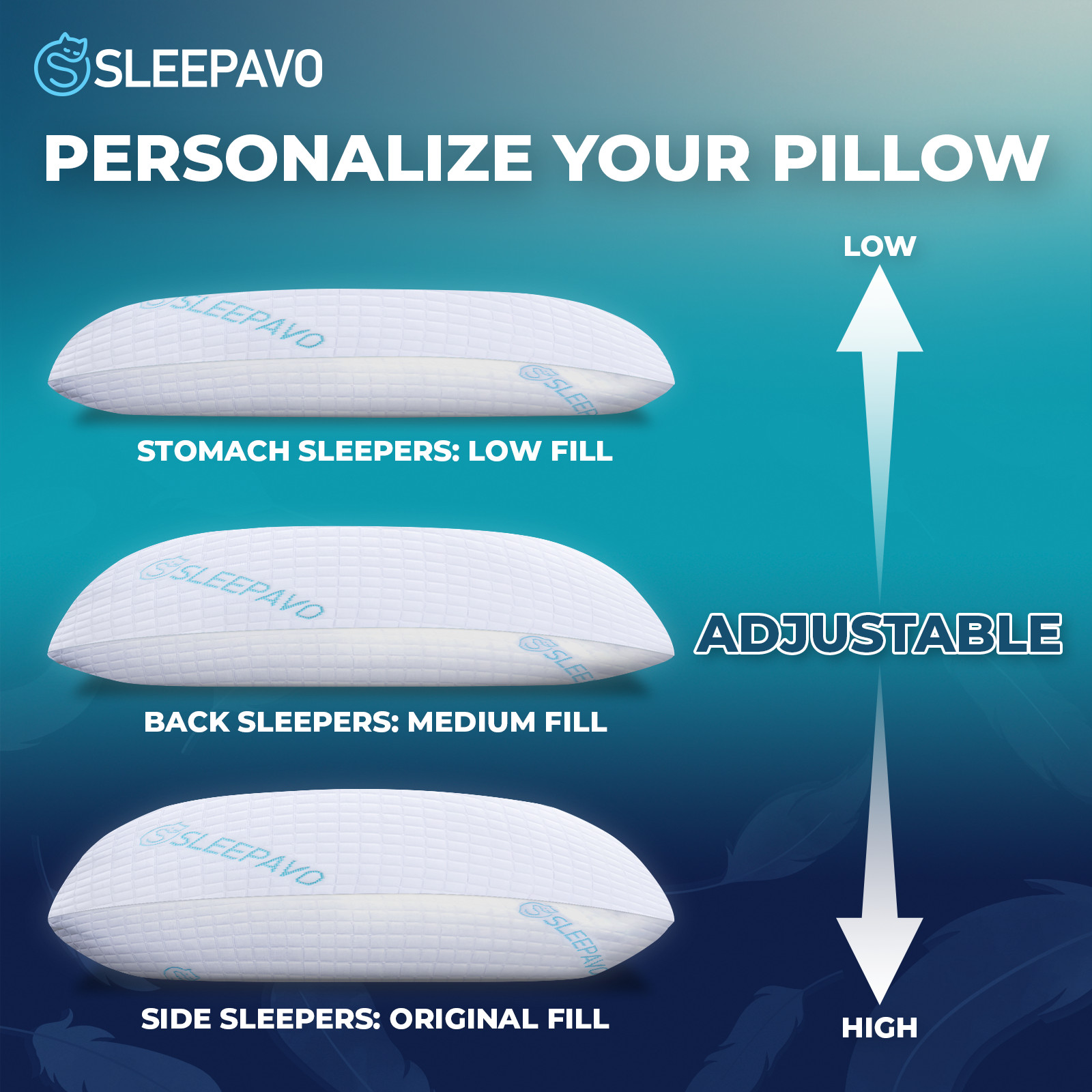 Sleepavo Adjustable Shredded Memory Foam Pillow, Firm & Cooling (Queen, 1 Pack)