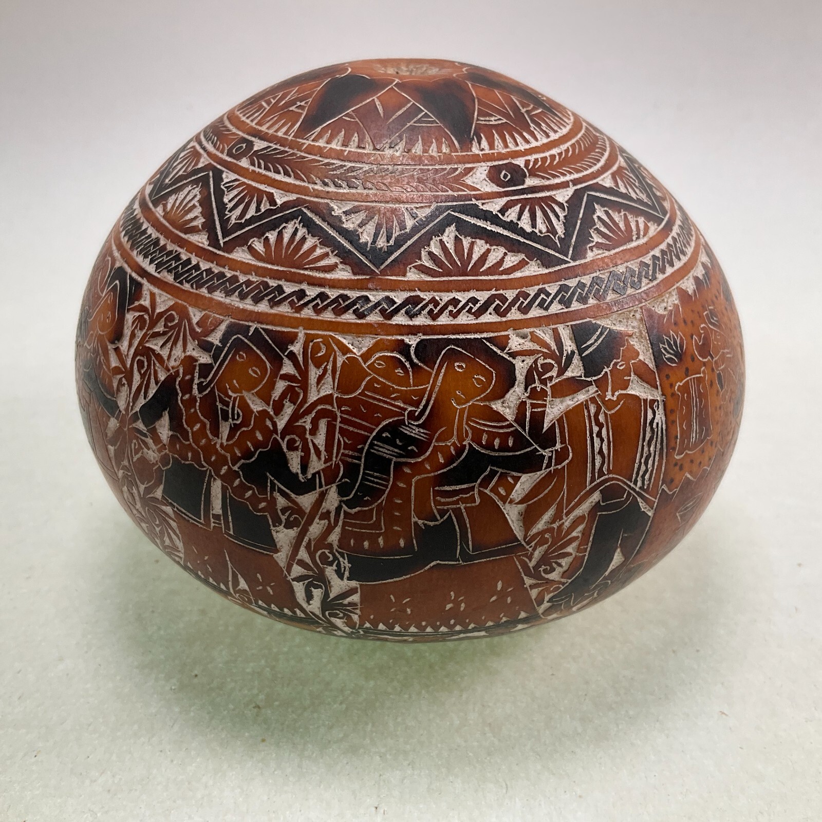 Peruvian Intricate Hand Carved Story Gourd - Musicians - Folk Art