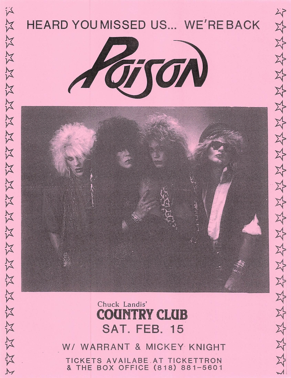 Poison Concert Flyer 1986 Chuck Landis' Country Club Pink