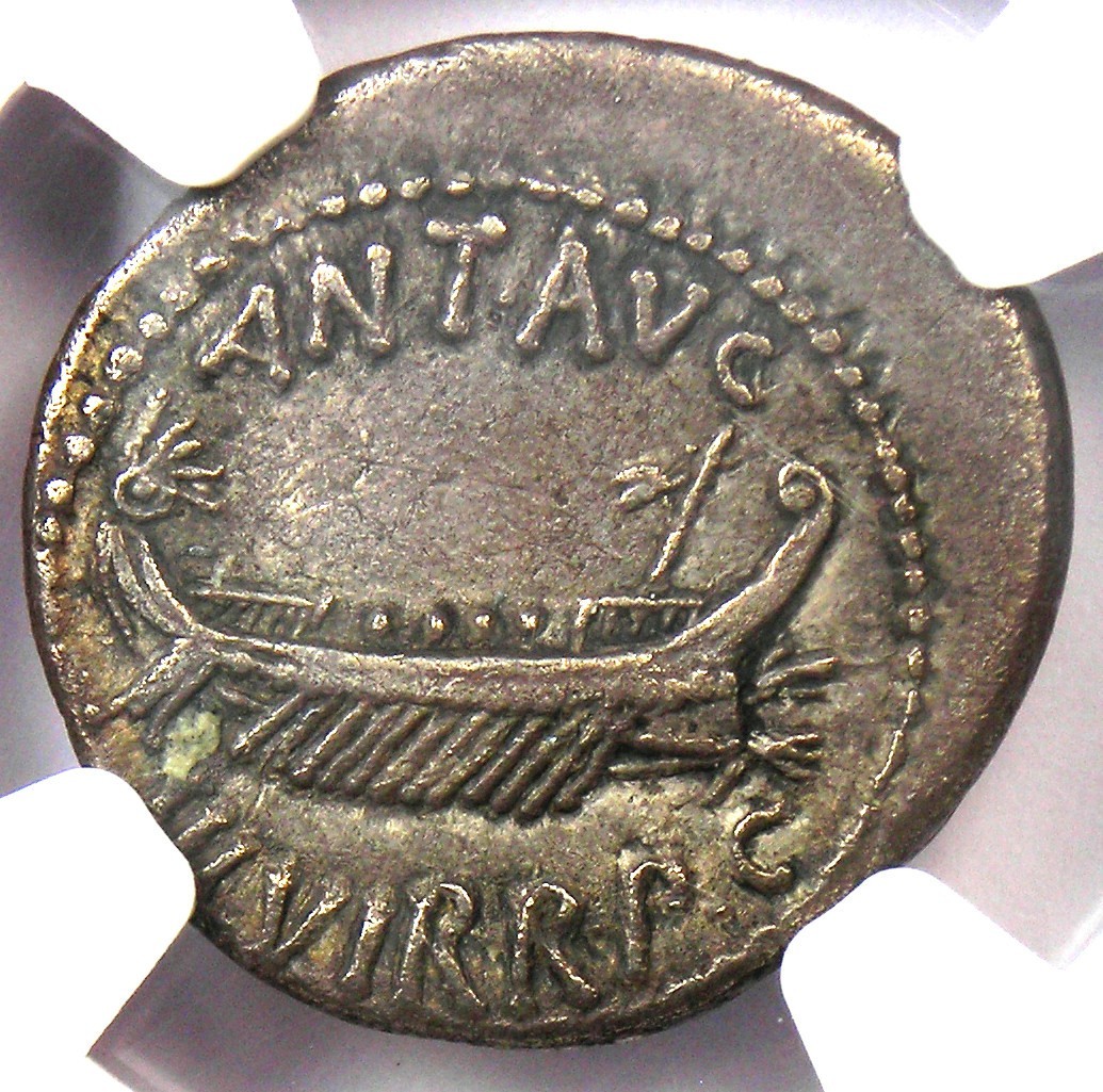 Marc Antony AR Denarius Silver Galley Roman Coin 32 BC LEG XV - Certified NGC XF