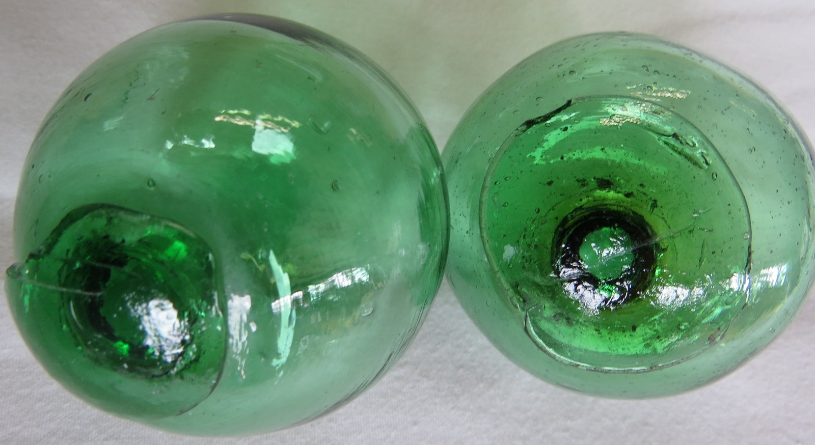 Asian Blown Glass Fishing FLOATS 2-2.5" LOT-2 Green Seal Button USA BZ
