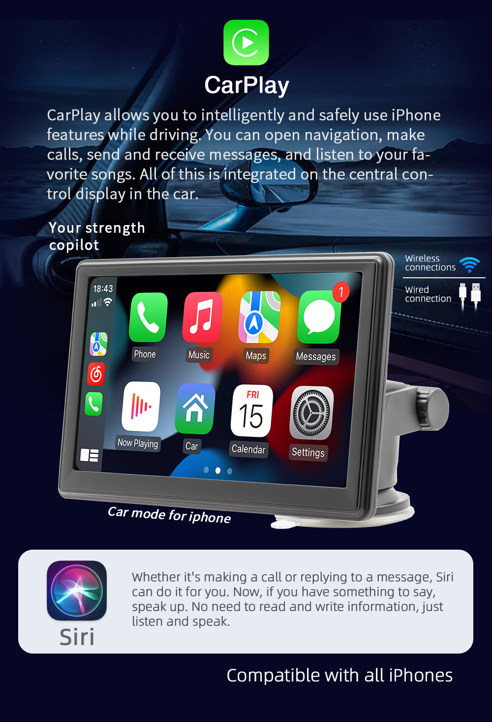 7" Wireless WiFi Android Auto/iPhone MirrorLink BT Portable Carplay Navigation