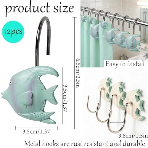 Fish Shower Curtain Hooks -12 PCS Resin Rust Proof Nautical Beach Theme Shower