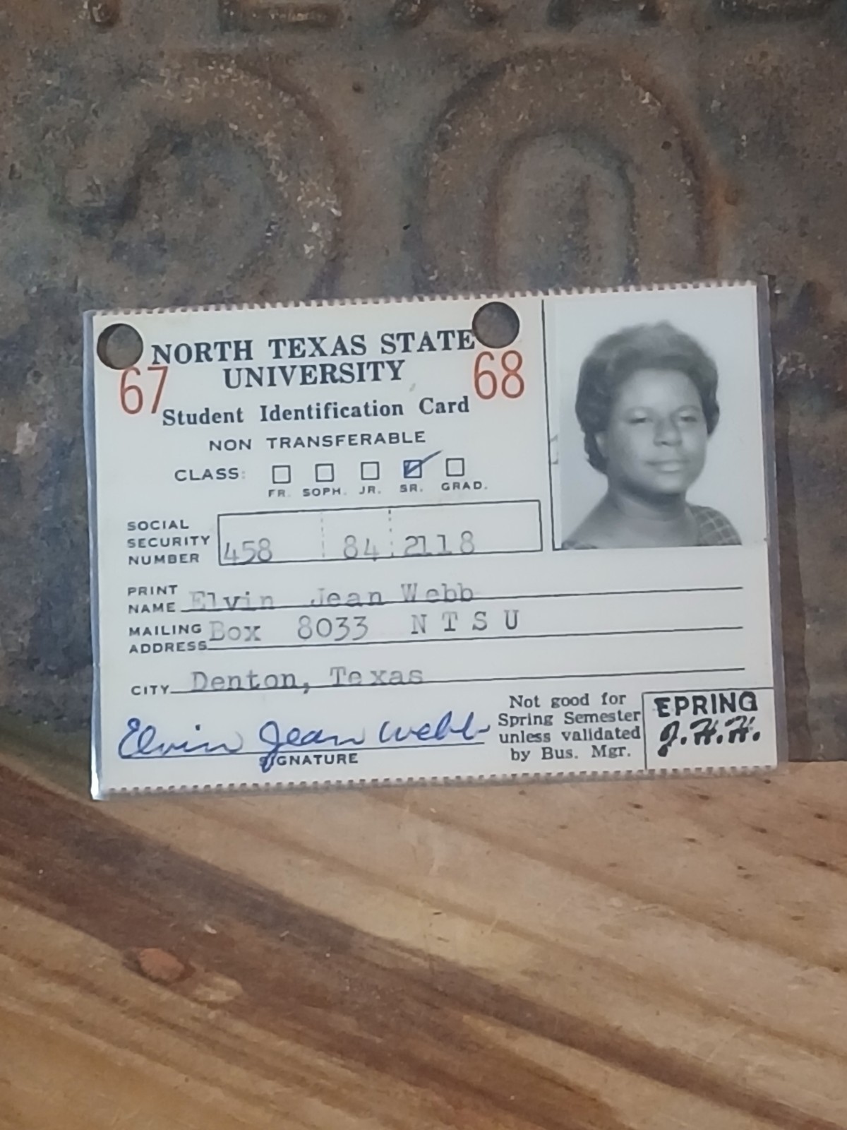 hbcu college*1967/68* NORTH TEXAS STATE COLLEGE ID CARD
