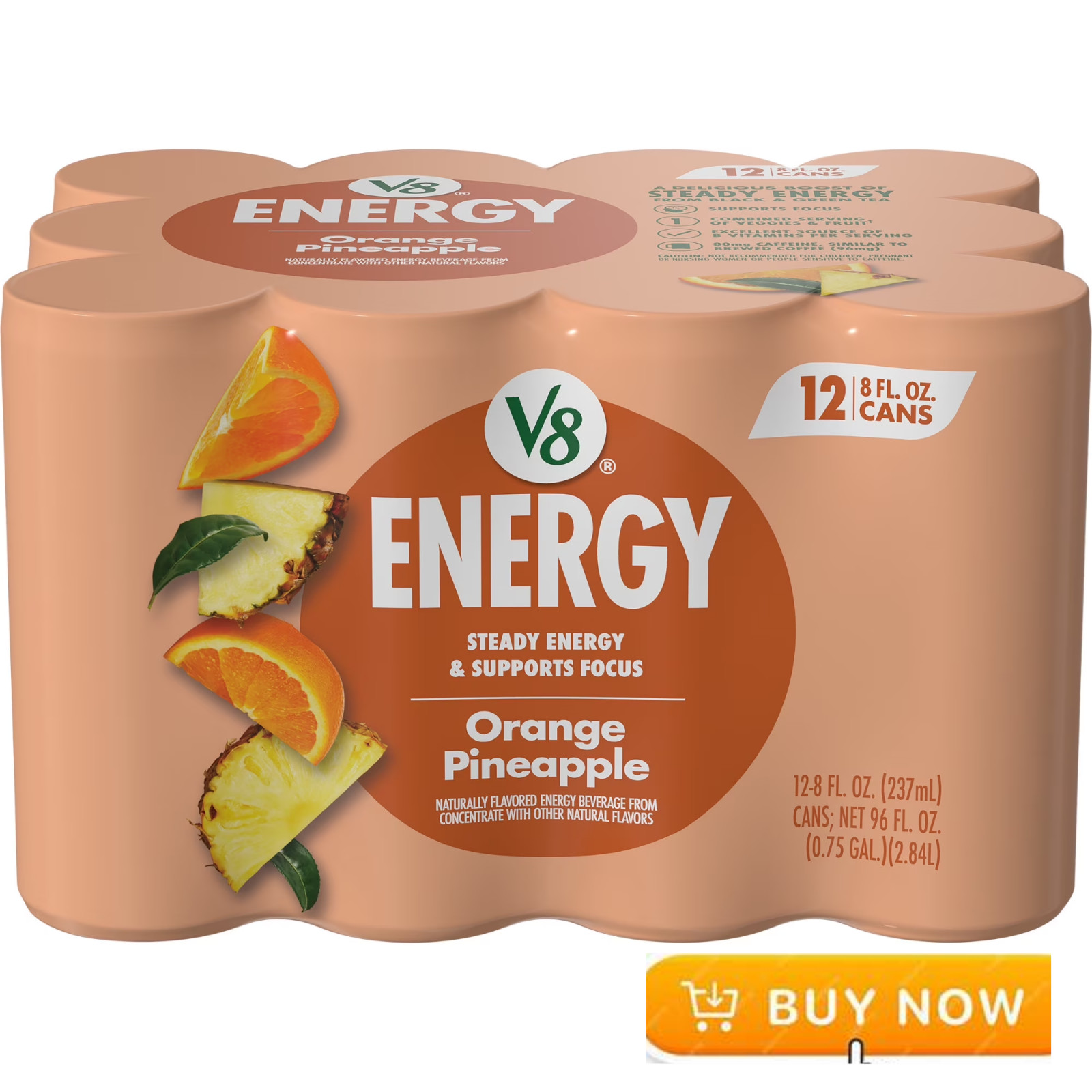 V8 Energy Orange Pineapple Energy Drink, 8 fl oz Can, 12 Pack