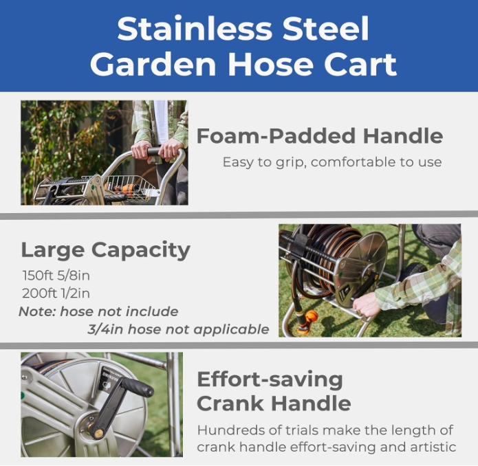 Giraffe Tools Garden Hose Reel Cart with Wheels, Stainless Steel