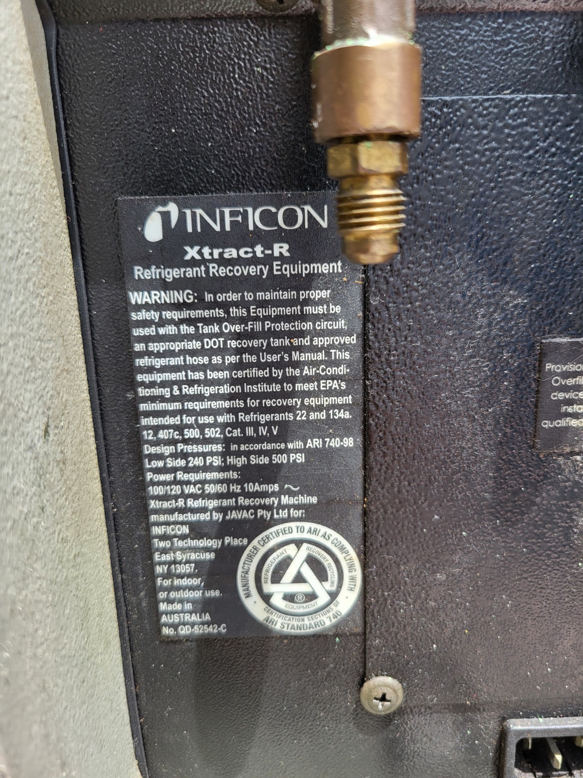 Inficon Vortex Dual Refrigerant Recovery Machine model #REMRT-1 SN# 0025045