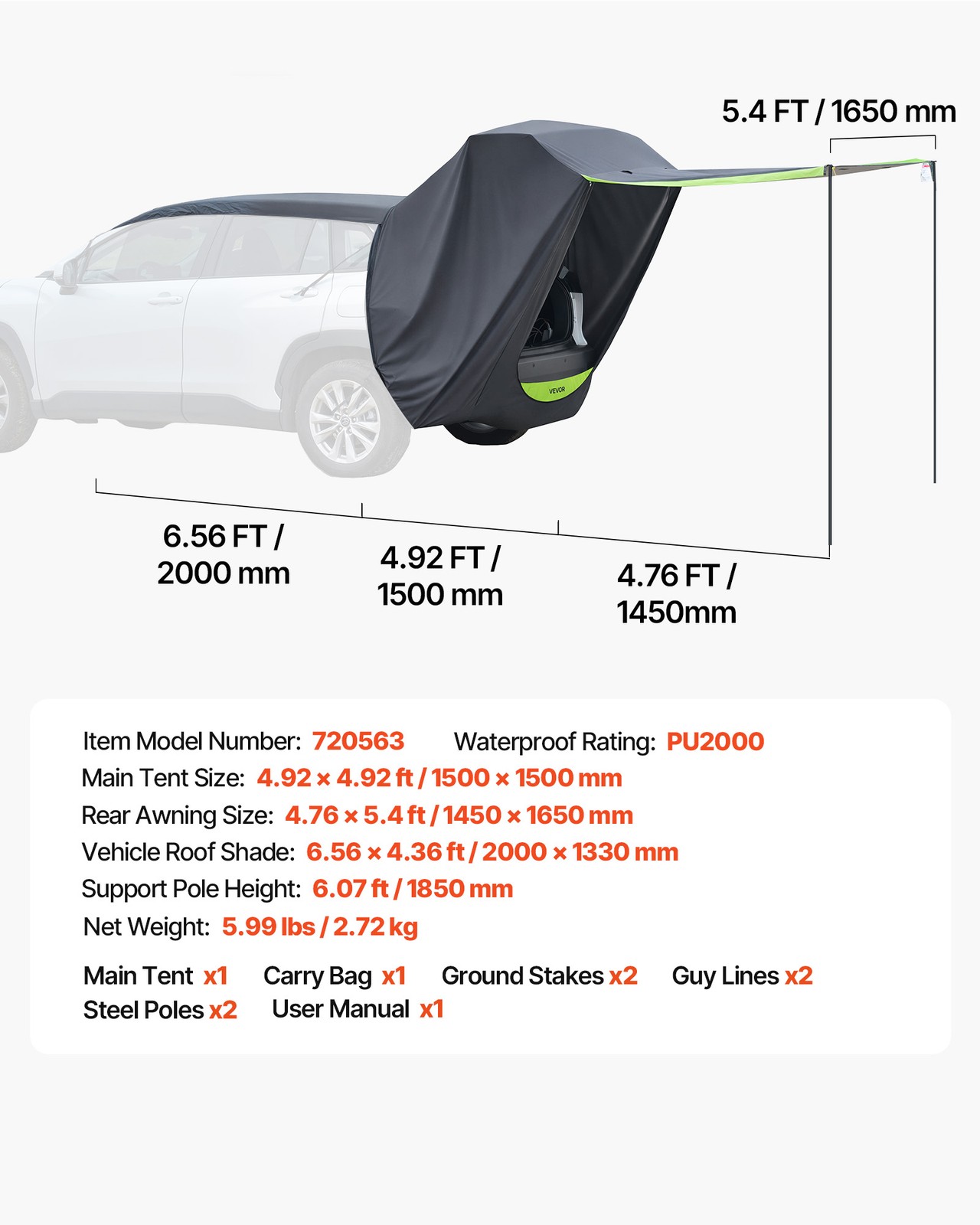 VEVOR SUV Tent with Shade Awning PU2000mm Waterproof SUV Tailgate Camping Tent