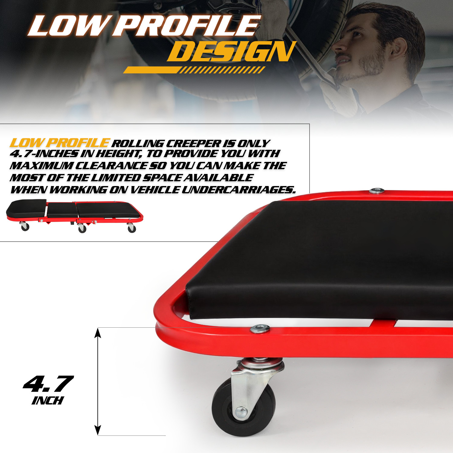 36" Red[FOLDABLE CREEPER+UPHOLSTERED SEAT]Rolling Mechanic Vehicle Repair Stool