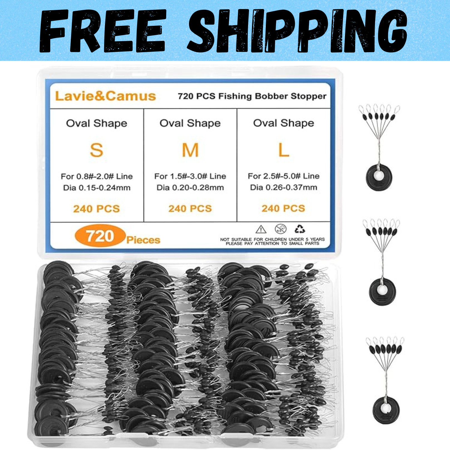720 PCS Fishing Bobber Stopper Oval Floats Sinker Stops 6 in 1 Black Rubber Size