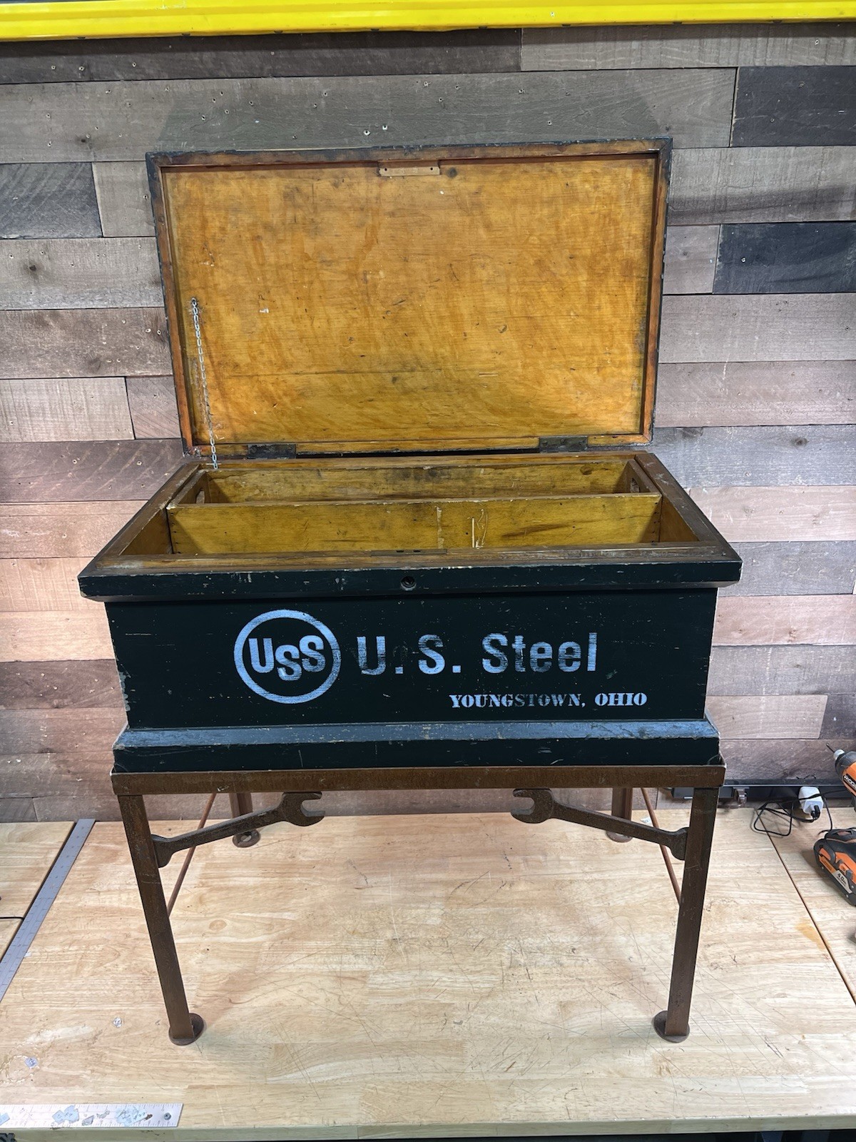 Vintage Large U.S. Steel Wooden Toolbox With Metal Base Stand