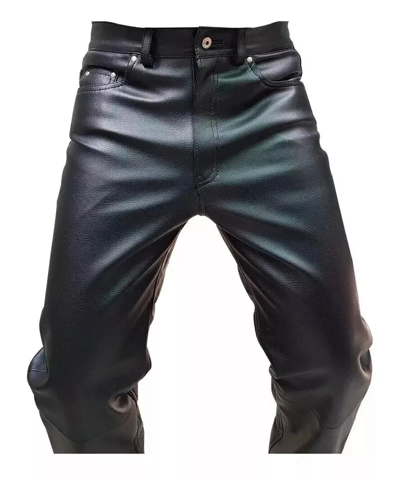 Mens Biker Jeans Real Black Or Cow Leather Sleek And Sexy 501 Style Pants New