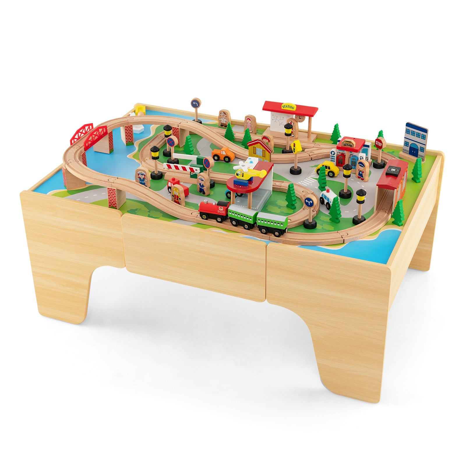 Kids Wooden Train Table Set 84 PCS Playset w/ Reversible Tabletop Storage Drawer