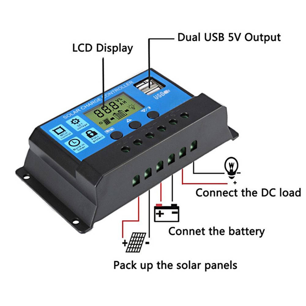 30A Solar Panel Battery Charge Controller 12V/24V LCD Regulator Auto Dual USB US