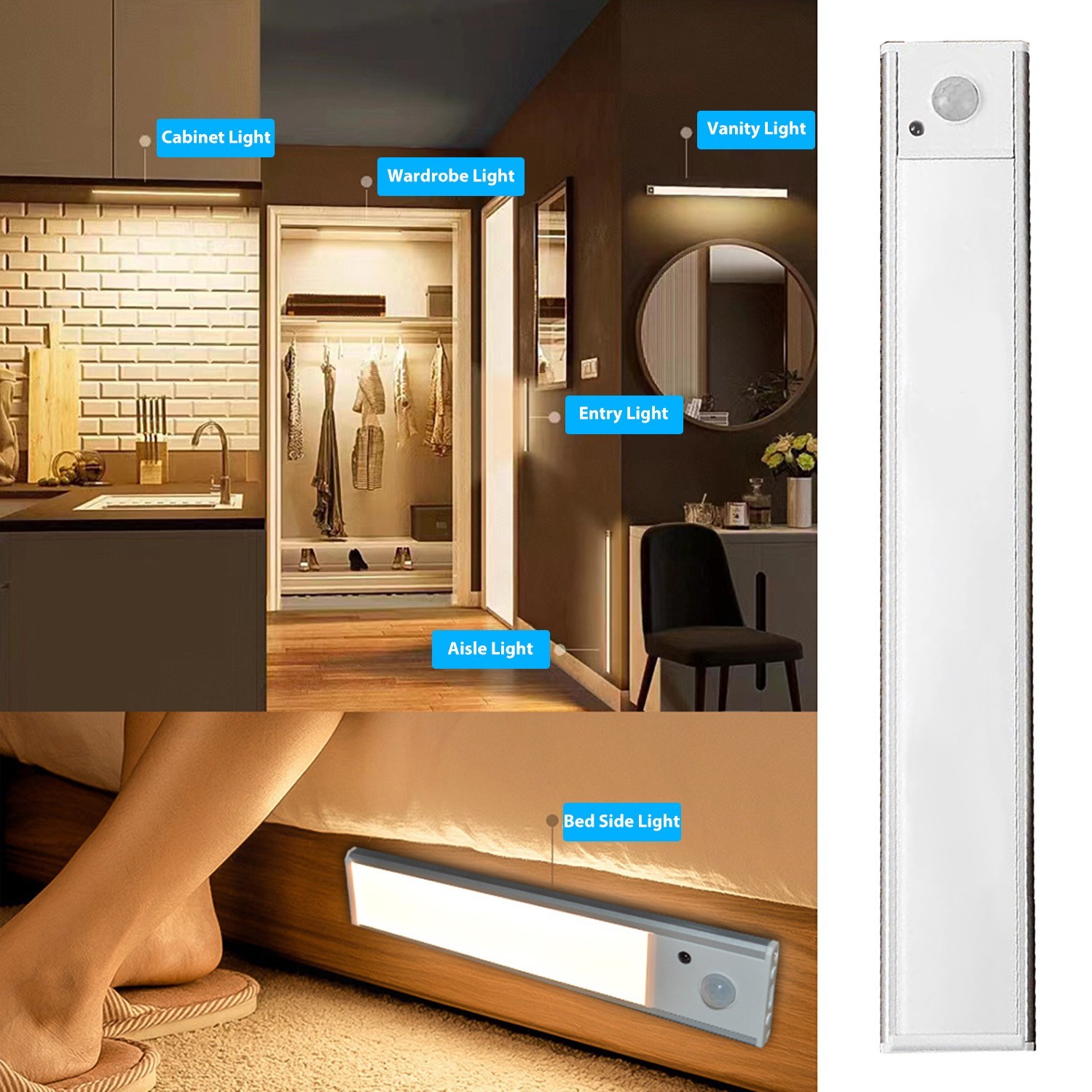 3-Pack LED Under Cabinet Lamp, Rechargeable Motion Sensor, 3 Color Dimmable