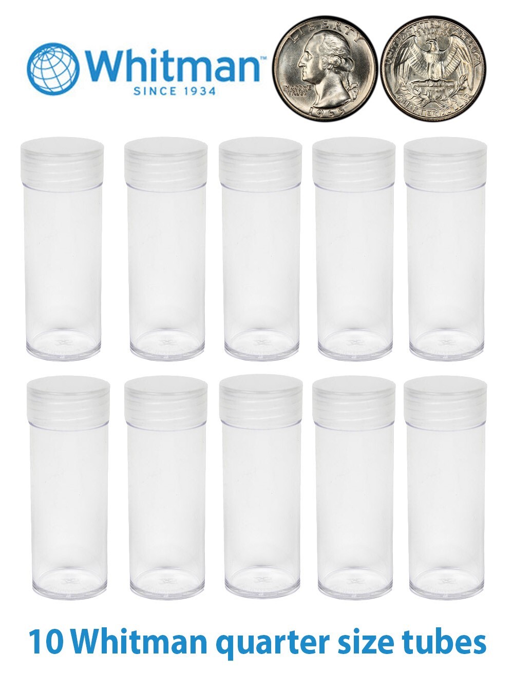 Lot 10 Whitman Round US Quarter Coin Tubes Screw On Cap Archival Storage Clear