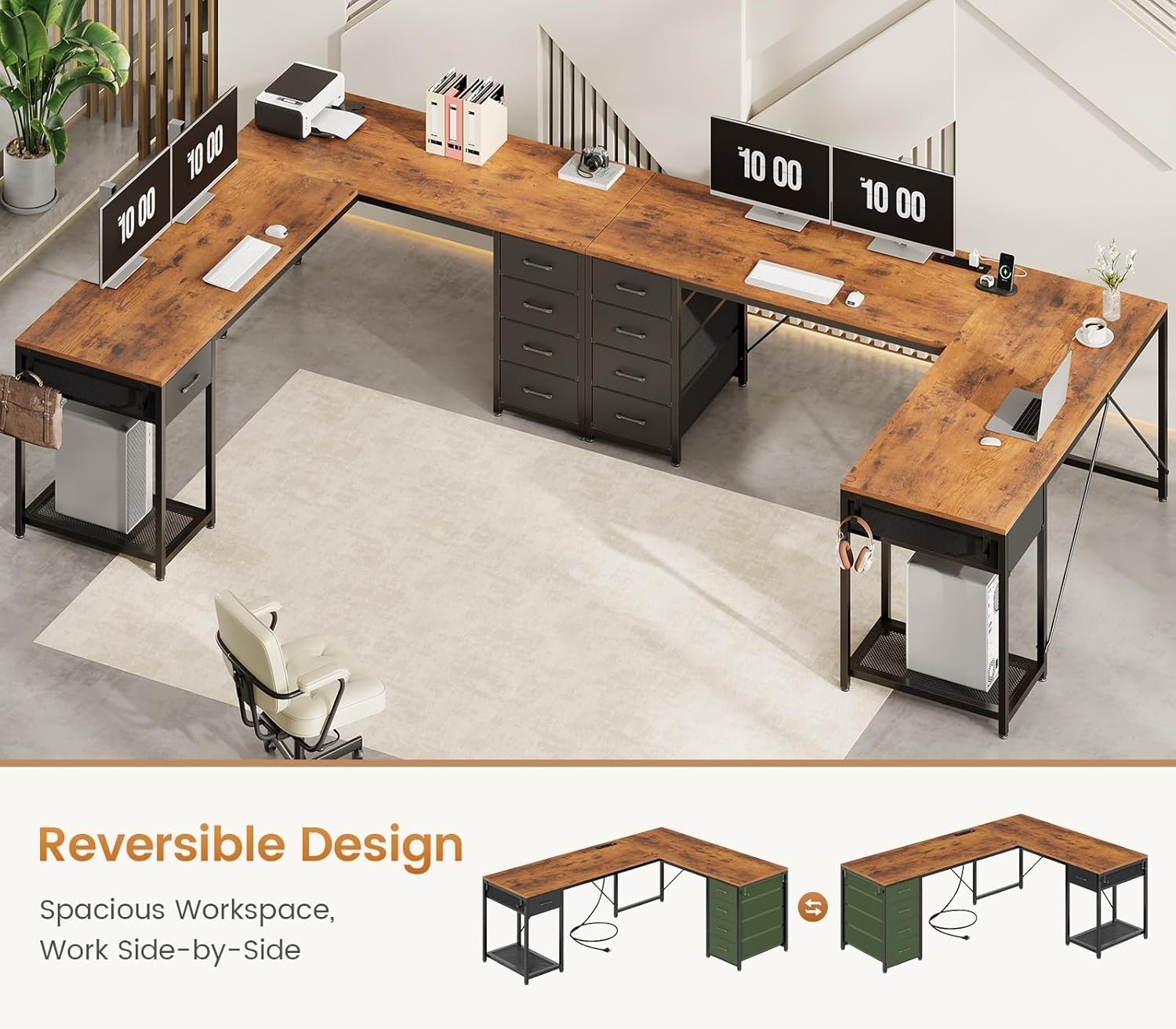 L Shaped Computer Desk with 5 Drawers Modern Reversible 78.7" Long 2 Person Desk