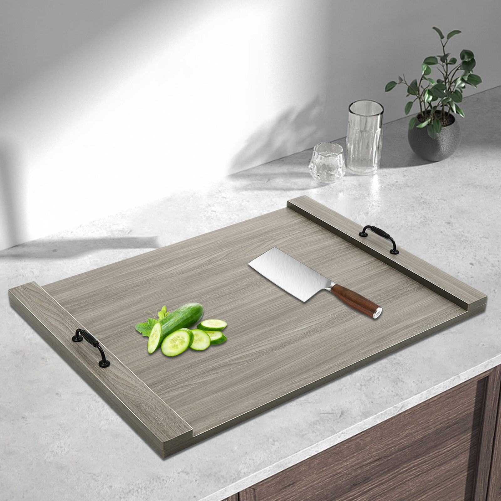 Stylish Grey Wood Noodle Board Stove Cover with Handles - Extra Counter Space