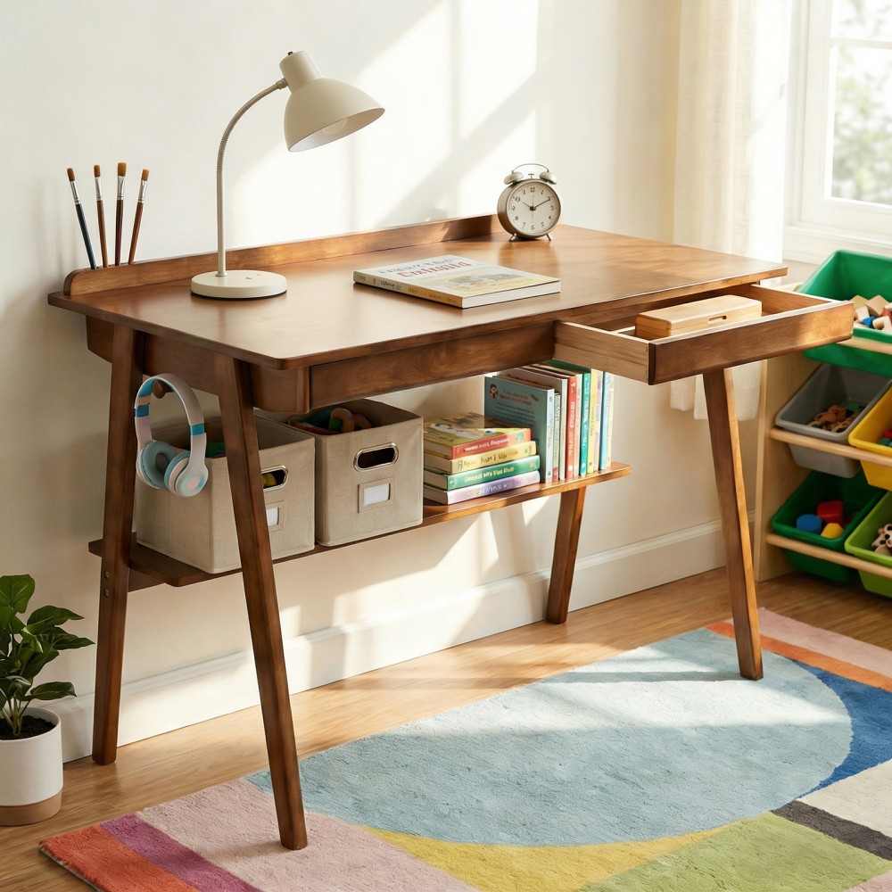 Solid Wood Writing Desk, Mid-Century Modern with 2 Drawers & Shelf