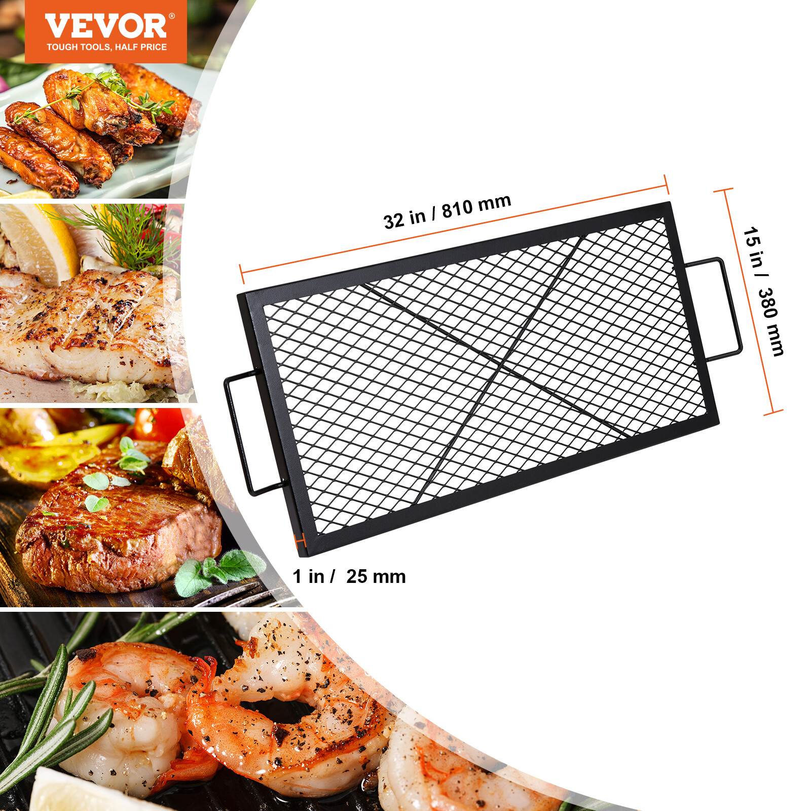 VEVOR 32" Rectangle Cooking Grate Fire Pit Grill Grate X-Marks Heavy-Duty Steel