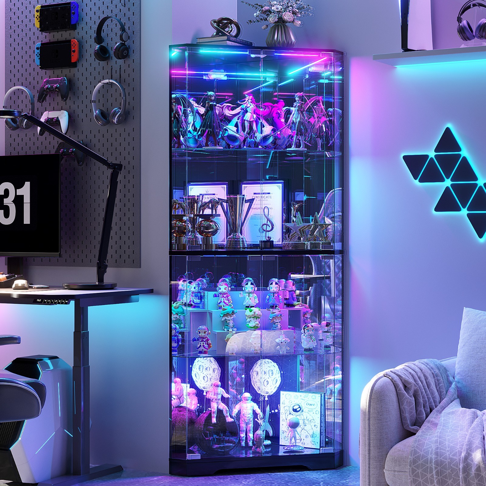Gurexl Corner Curio Cabinet with RGB Lights , 65" Display Cases for Collectibles