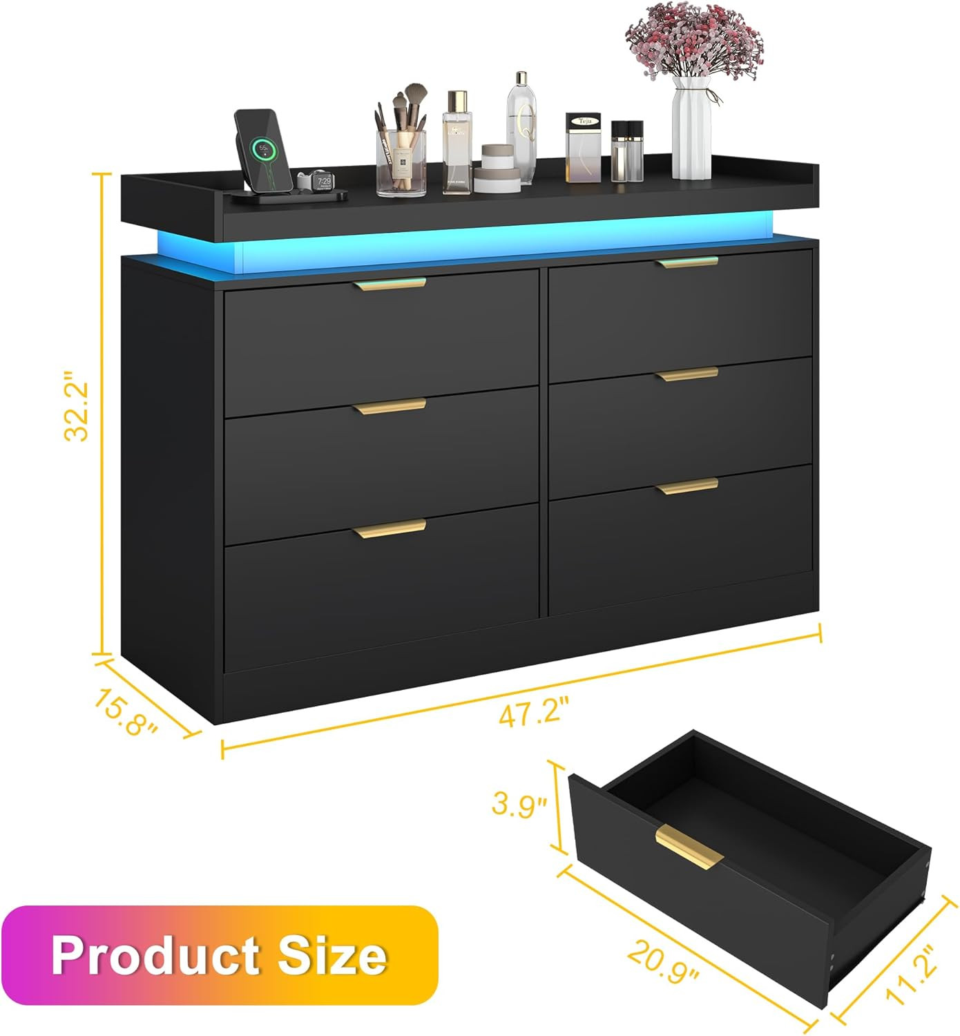6 Drawer Dresser for Bedroom, Black Dresser with LED Lights and Power Outlet, Mo